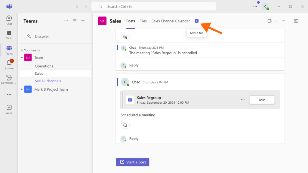 Microsoft Teams में एक टैब जोड़ें
