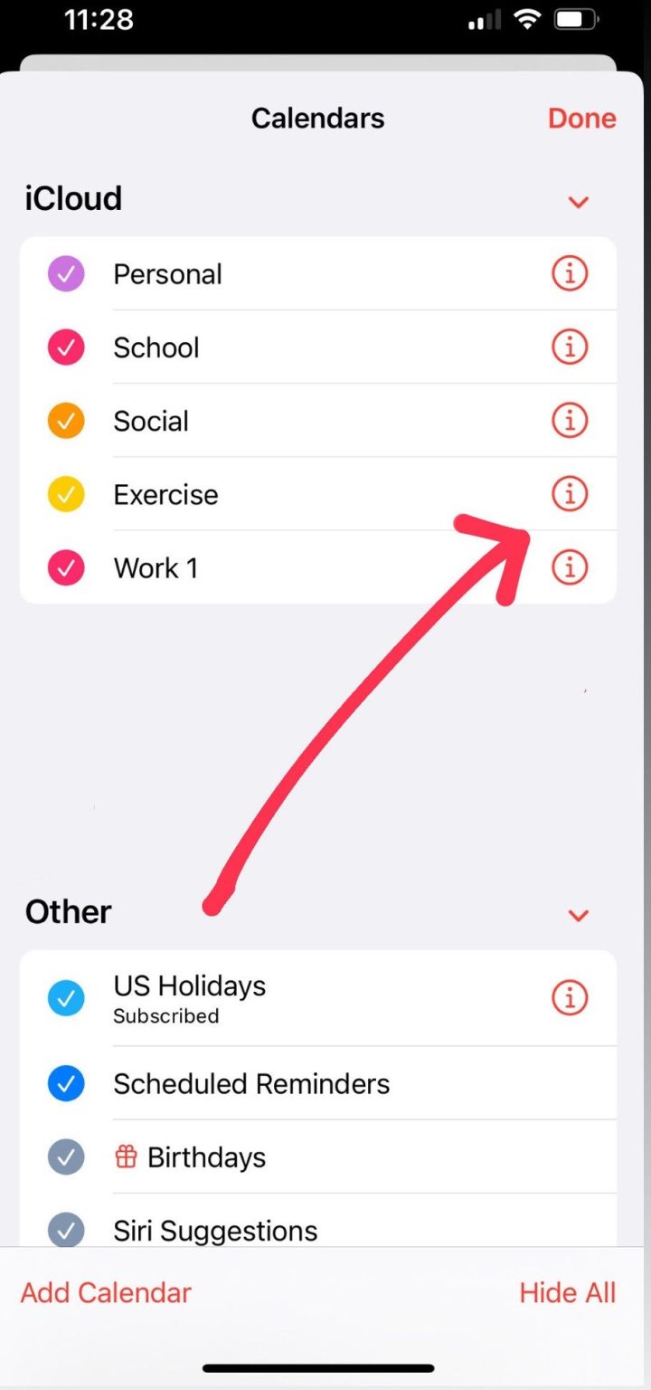 4. Toque no botão de informações no calendário do iPhone